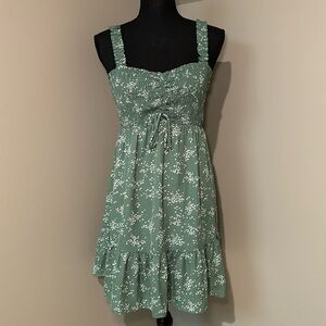 Lush sage green ruched floral dot pattern dress tie front peplum hem size M